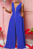 Blue Sexy Elegant Solid Patchwork Slit V Neck Straight Jumpsuits