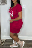 Pink Casual Print Basic V Neck Short Sleeve Dress