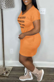 Pink Casual Letter Print Basic V Neck Short Sleeve Dress