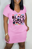 Pink Casual Print Basic V Neck Short Sleeve Dress
