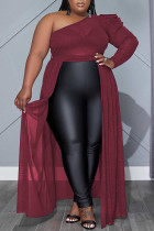 Burgundy Casual Solid Patchwork See-through Oblique Collar Straight Plus Size Dresses