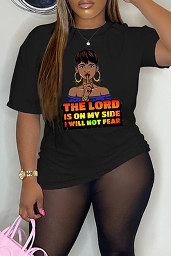 Black Casual Print Basic O Neck T-Shirts