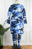 Blue Casual Print Camouflage Print Bandage Patchwork Asymmetrical O Neck Plus Size Two Pieces