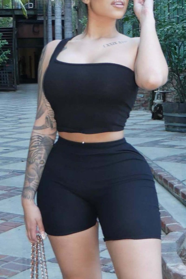 Black Casual Solid Backless One Shoulder Sleeveless Two Pieces