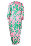Khaki Casual Print Basic O Neck Long Sleeve Plus Size Dresses