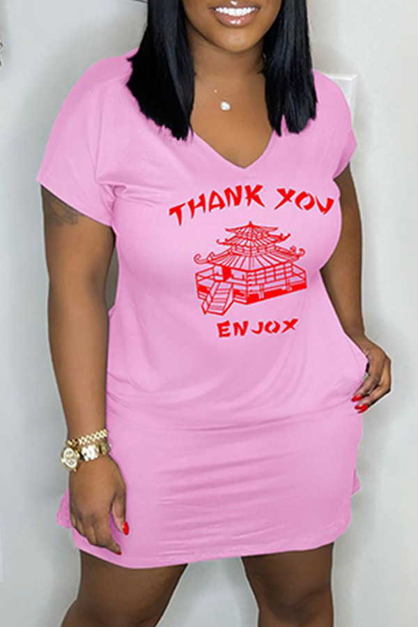 Pink Sexy Print Basic V Neck Short Sleeve Dress