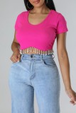 Rose Red Casual Solid Tassel Patchwork O Neck T-Shirts