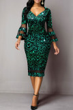 Red Elegant Print Patchwork V Neck One Step Skirt Dresses