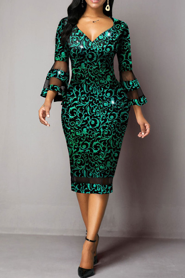 Green Elegant Print Patchwork V Neck One Step Skirt Dresses