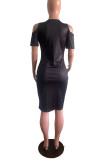 Black Casual Print Hollowed Out O Neck Short Sleeve Dress