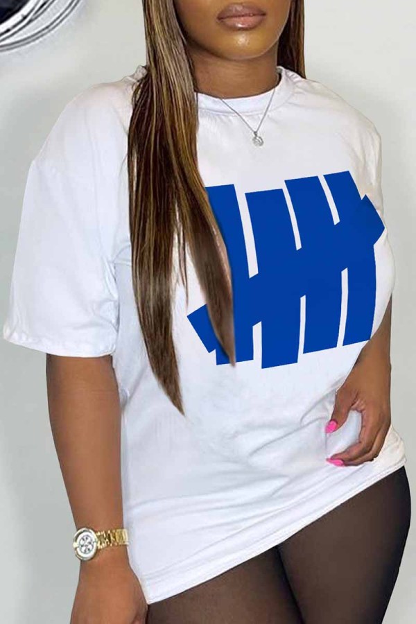White Casual Print Patchwork O Neck T-Shirts