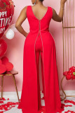 Blue Sexy Elegant Solid Patchwork Slit V Neck Straight Jumpsuits