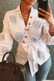 White Casual Print Bandage Patchwork Asymmetrical V Neck Tops