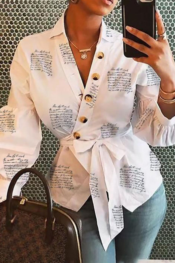 White Casual Print Bandage Patchwork Asymmetrical V Neck Tops