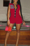 Red Casual Solid Embroidered Patchwork Buckle O Neck Regular Rompers