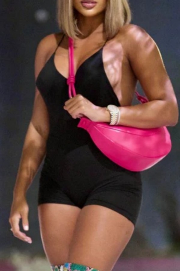 Black Sexy Casual Solid Backless V Neck Skinny Romper