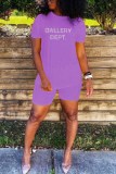 Purple Casual Letter Patchwork O Neck Short Sleeve Two Pieces
