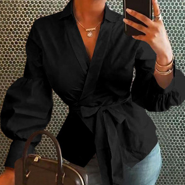 Black Casual Solid Bandage Patchwork Asymmetrical V Neck Tops