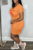 Pink Sexy Print Basic V Neck Short Sleeve Dress