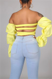 Yellow Sexy Solid Hollowed Out Backless Strapless Tops