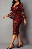 Red Elegant Print Patchwork V Neck One Step Skirt Dresses