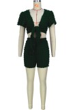 Dark Brown Sexy Casual Solid Bandage V Neck Short Sleeve Two Pieces