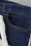 Deep Blue Casual Solid Patchwork Mid Waist Regular Denim Jeans