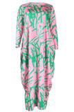 Pink Casual Print Basic O Neck Long Sleeve Plus Size Dresses