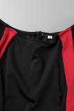 Rose Red Vintage Elegant Solid Patchwork Slit Halter One Step Skirt Dresses