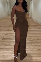 Brown Sexy Solid Backless Slit Spaghetti Strap Long Dress Dresses