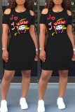 Black Casual Print Hollowed Out O Neck Short Sleeve Dress