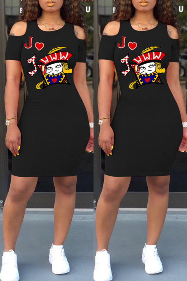 Black Casual Print Hollowed Out O Neck Short Sleeve Dress