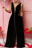 Blue Sexy Elegant Solid Patchwork Slit V Neck Straight Jumpsuits