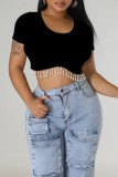 Rose Red Casual Solid Tassel Patchwork O Neck T-Shirts