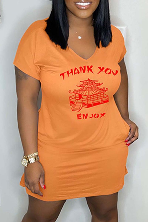 Orange Sexy Print Basic V Neck Short Sleeve Dress