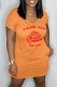 Orange Sexy Print Basic V Neck Short Sleeve Dress