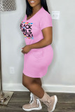 Pink Casual Print Basic V Neck Short Sleeve Dress