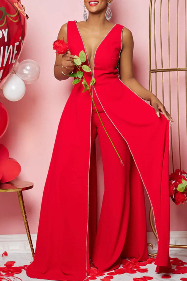 Red Sexy Elegant Solid Patchwork Slit V Neck Straight Jumpsuits