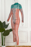Orange Sexy Print Patchwork Half A Turtleneck Skinny Jumpsuits