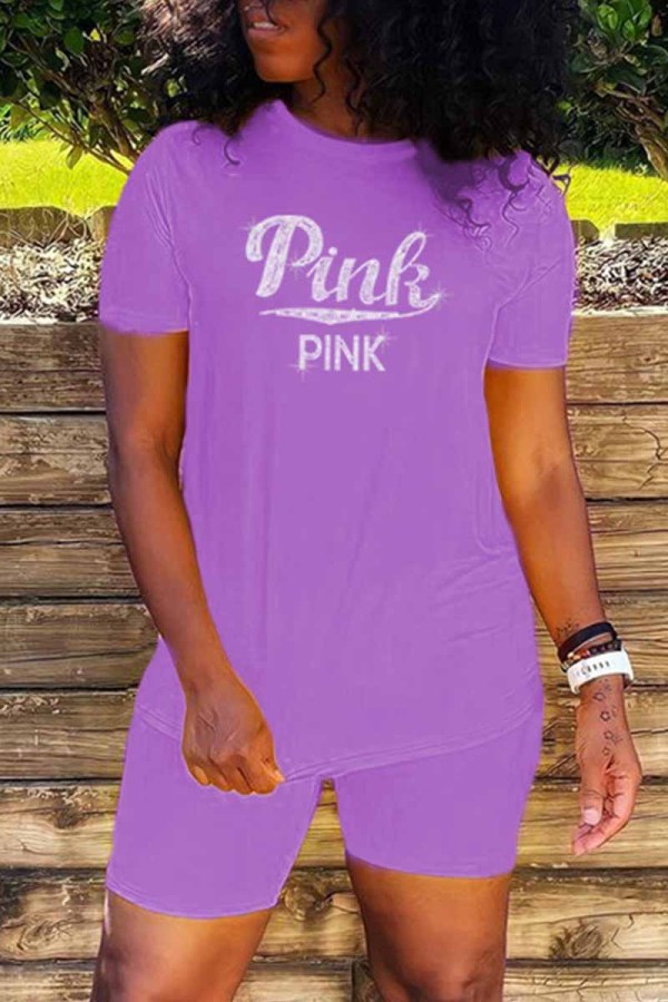 Purple Casual Letter Hot Drill O Neck Short Sleeve Two Pieces