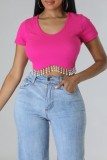 Rose Red Casual Solid Tassel Patchwork O Neck T-Shirts