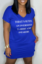 Blue Casual Letter Print Basic V Neck Short Sleeve Dress