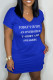 Blue Casual Letter Print Basic V Neck Short Sleeve Dress