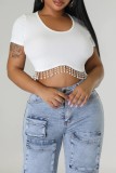 Rose Red Casual Solid Tassel Patchwork O Neck T-Shirts