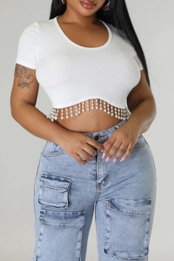 White Casual Solid Tassel Patchwork O Neck T-Shirts