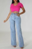 Rose Red Casual Solid Tassel Patchwork O Neck T-Shirts