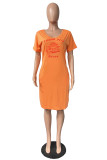 Pink Sexy Print Basic V Neck Short Sleeve Dress