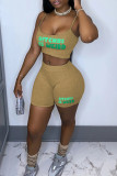 Yellow Sexy Casual Letter Print Basic Spaghetti Strap Sleeveless Two Pieces