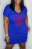 Pink Sexy Print Basic V Neck Short Sleeve Dress