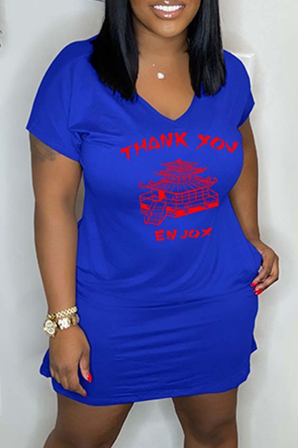 Blue Sexy Print Basic V Neck Short Sleeve Dress